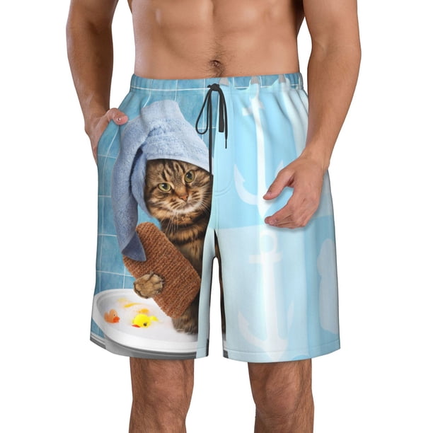 Balery Funny Cat Taking a Bath Traje de Baño Estilo Hawaiano para Hombre, Shorts de Secado Rápido con Bolsillos-Medium
