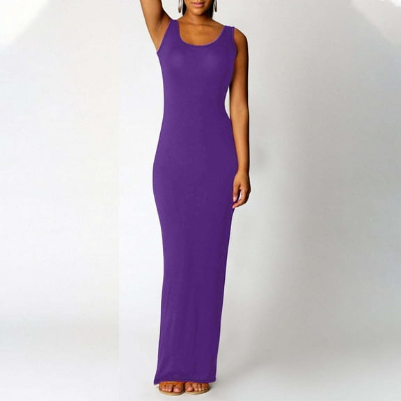 Blmnix Tea-Length Holiday Dresses for Women Elegant Bodycon Tank Under Dresses Purple Sleeveless Boat Neck Drop Waist Dress Women,M