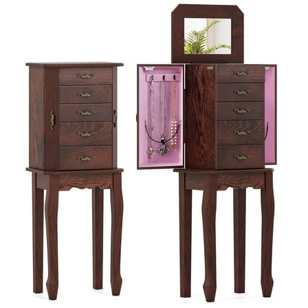 Costway Jewelry Cabinet Storage Chest Stand Organizer Wood Box for Home Walnut