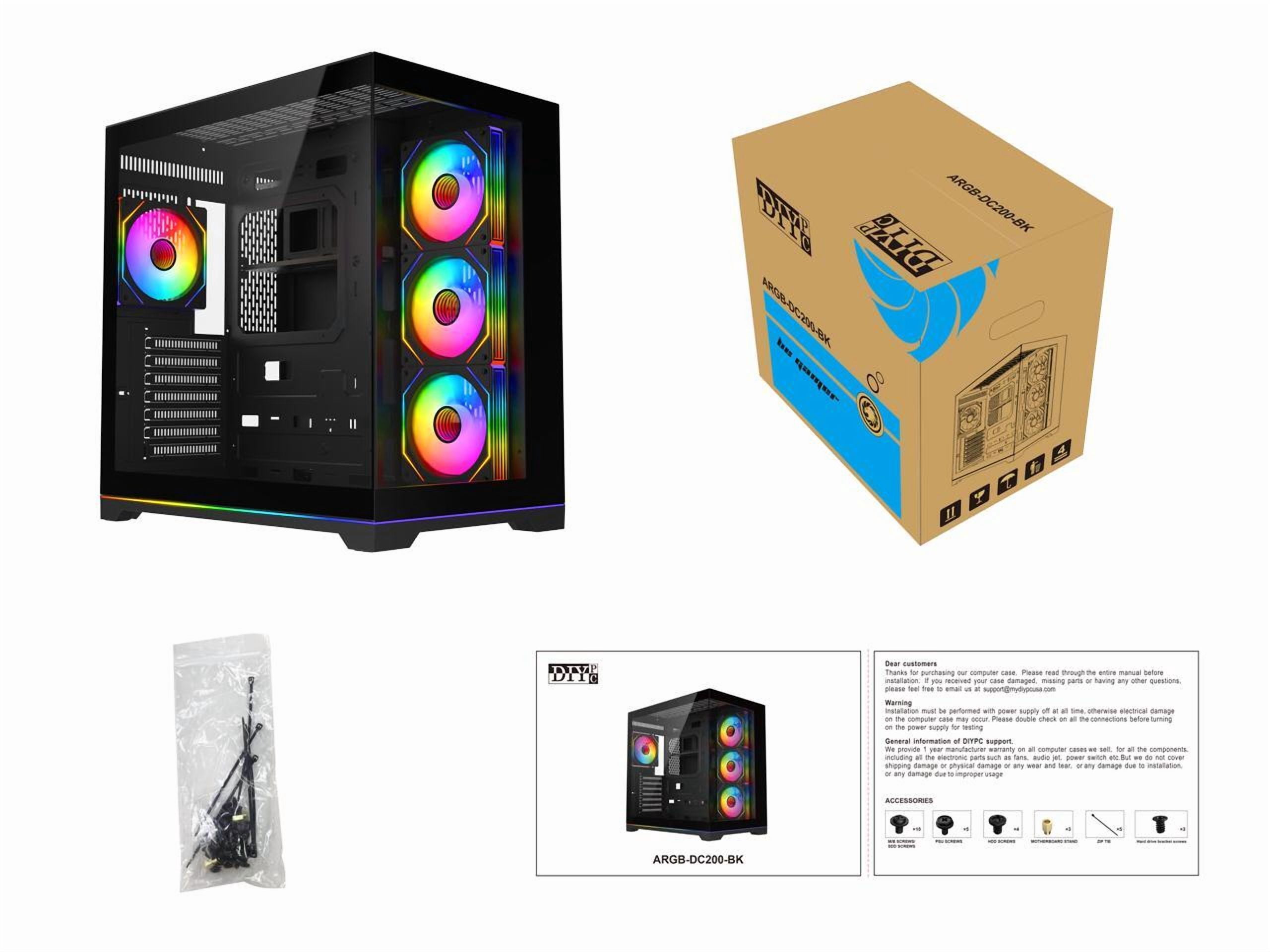 DIYPC ARGB-DC200-BK Black Dual USB3.0 Tempered Glass ATX Gaming Computer Case w/ 4 x ARGB PWM Fans (Pre-Installed) and ARGB Light Strip at Bottom.