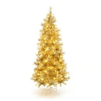 7.5Ft Pre-Lit Gold Tinsel Artificial Pine Tree with Metal Stand