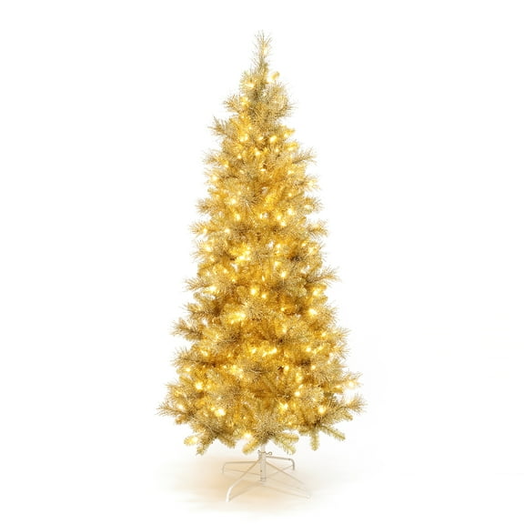 7.5Ft Pre-Lit Gold Tinsel Artificial Pine Tree with Metal Stand