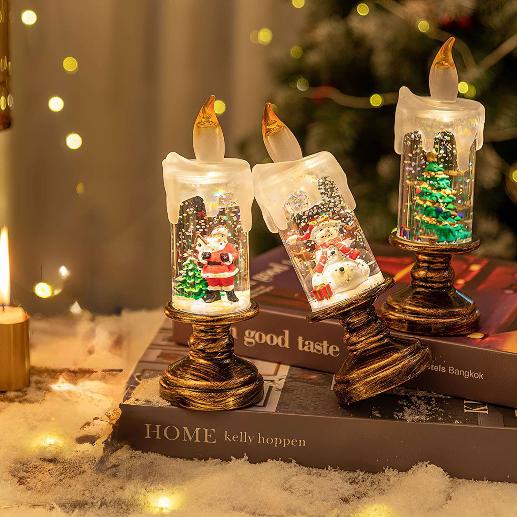Deago Christmas Flameless LED Candles Set of 3 with Santa Claus, Snowman, Xmas Tree - Battery Operated Christmas Themed Festival Gift Decorations
