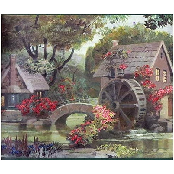 Concord Wallcoverings Wallpaper Border Victorian English Cottages and Mill Pattern for Living Room Farmhouse Trailer House, Colors Green Brown Red Yellow Blue Pink, Size 10 Inches by 15 Feet 5805070