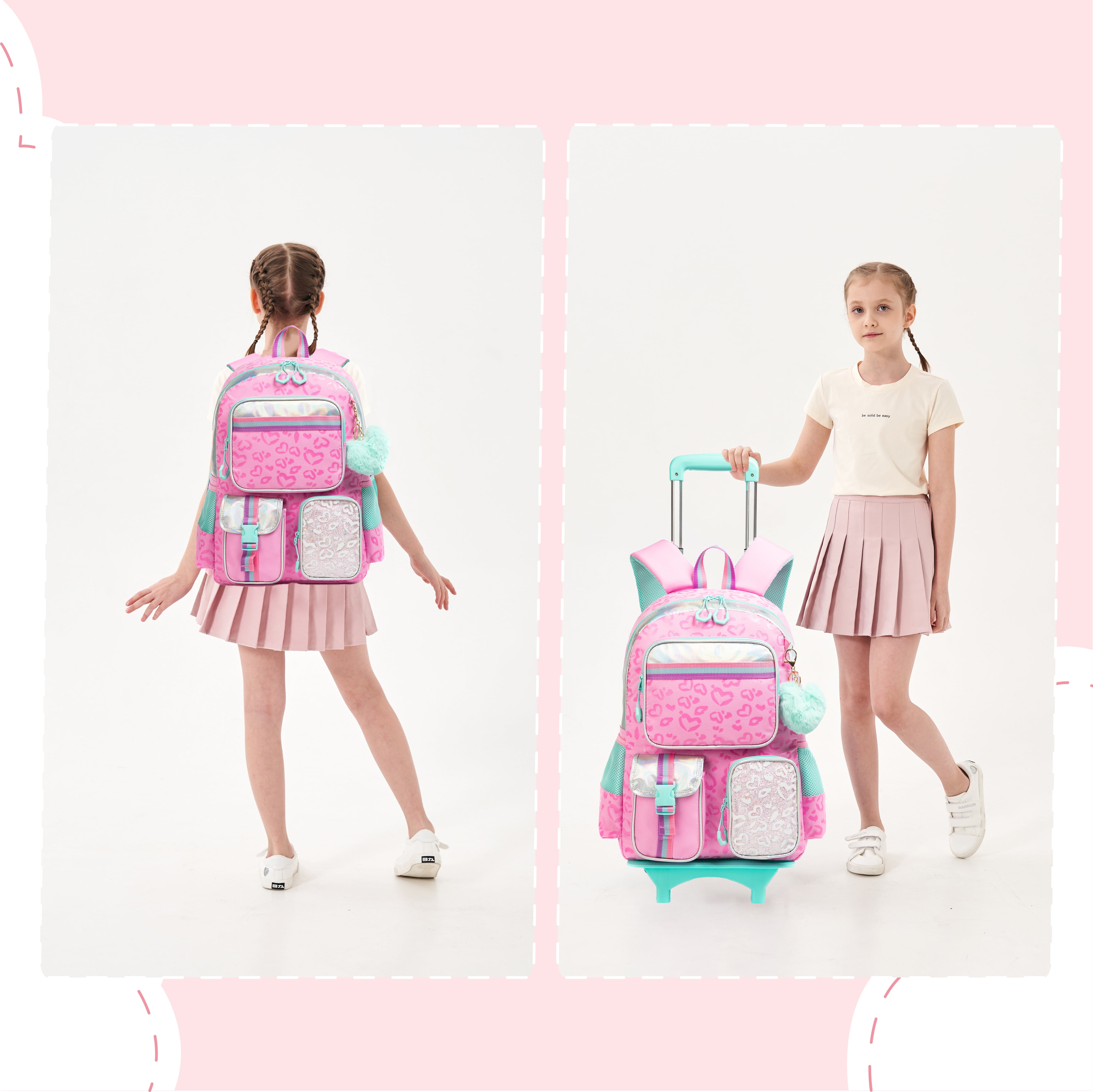 Pink Kids Rolling Backpack for Girls with Wheels Roller School Backpacks with Lunch Box Pen Bag 3 In 1 for Elementary Students