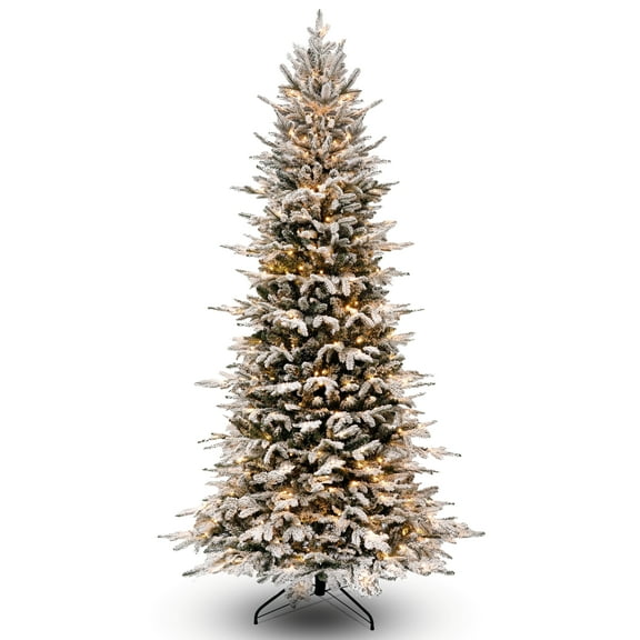 Jingle Joy Aspen Royale 7.5 ft Snow Flocked Pre-Lit Artificial Christmas Tree, Warm White LED Lights with 8 Lighting Modes, Metal Base