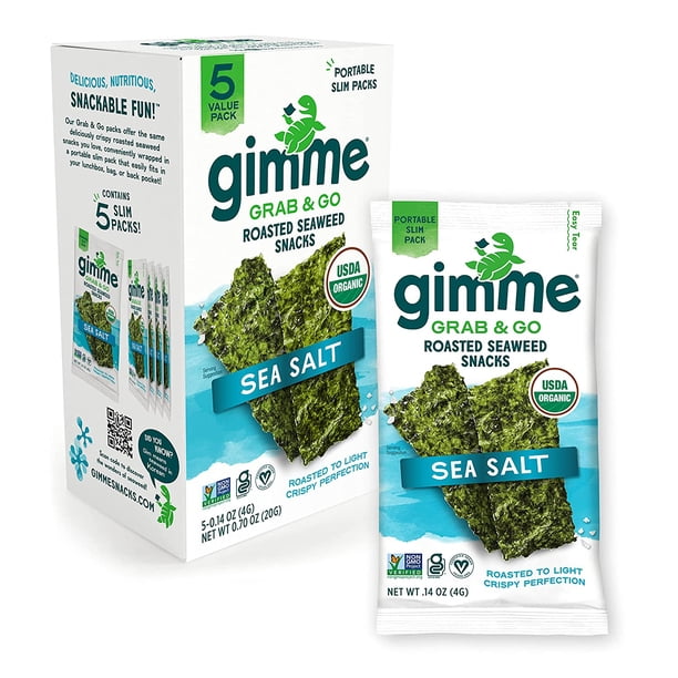 Seaweed Grab & Go Organic Premium Roasted Seaweed Snacks, Sea Salt, 5 Count Trayless, Keto, Vegan, Gluten-Free, Great Source of Omega3s and Iodine, Healthy On-The-Go Snack for Kids and Adult