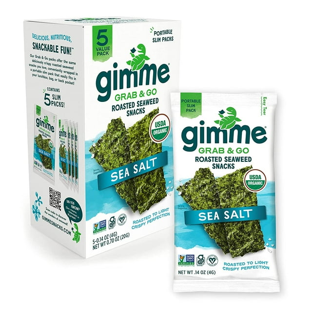 Seaweed Grab & Go Organic Premium Roasted Seaweed Snacks, Sea Salt, 5 Count Trayless, Keto, Vegan, Gluten-Free, Great Source of Omega3s and Iodine, Healthy On-The-Go Snack for Kids and Adult