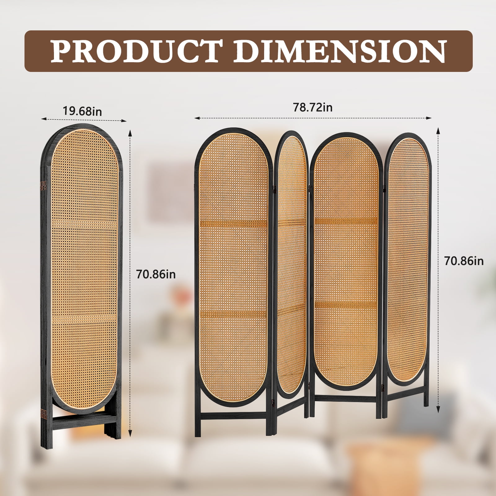 ALeesing 4 Panel Rattan Room Dividers, Folding Privacy Screens, No Installation Required, Black