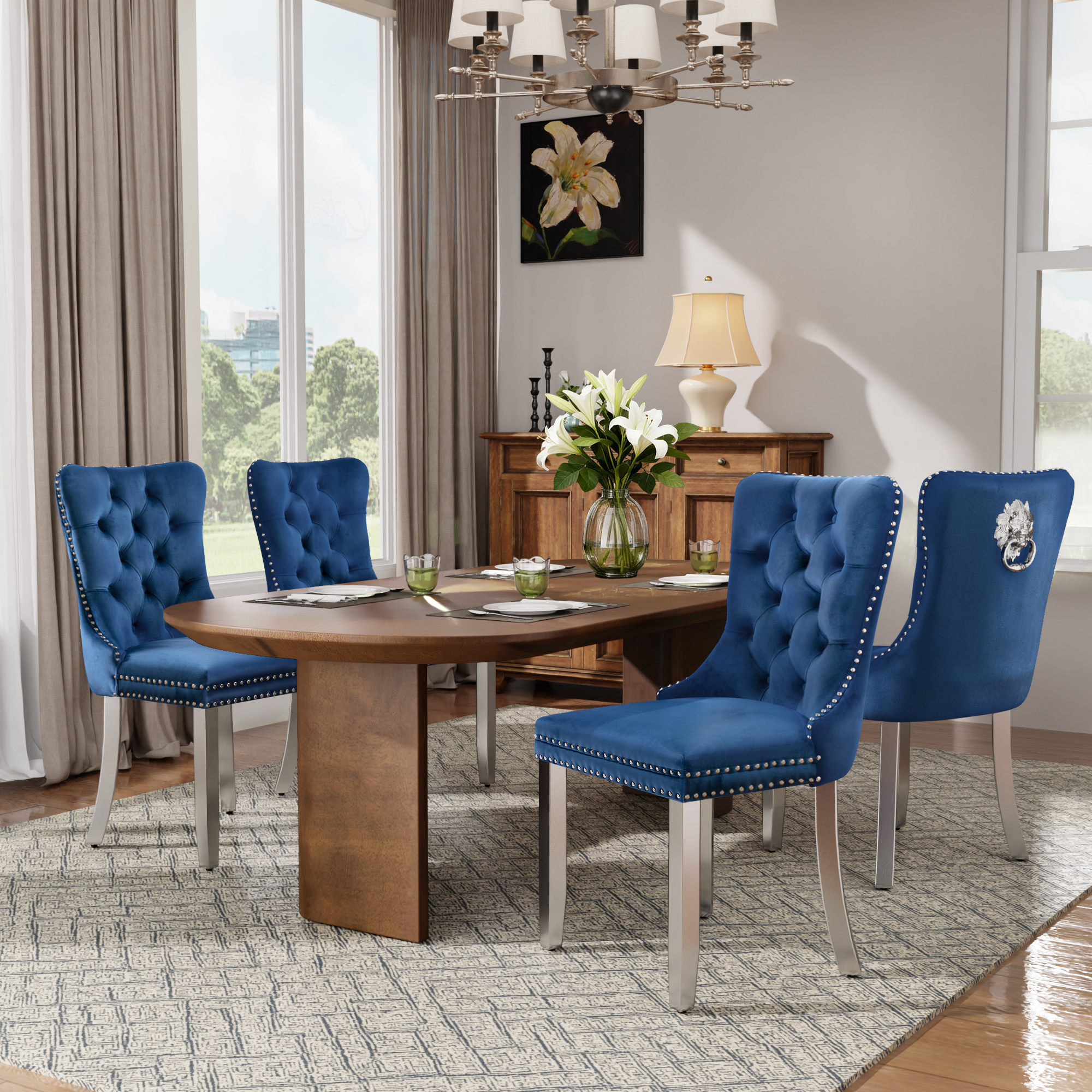 DONICK Velvet Upholstered Dining Chairs,Wing Back Side Chair Tuft Nailhead Ring Pull Metal Legs(Blue,Silver Legs,Set of 2)