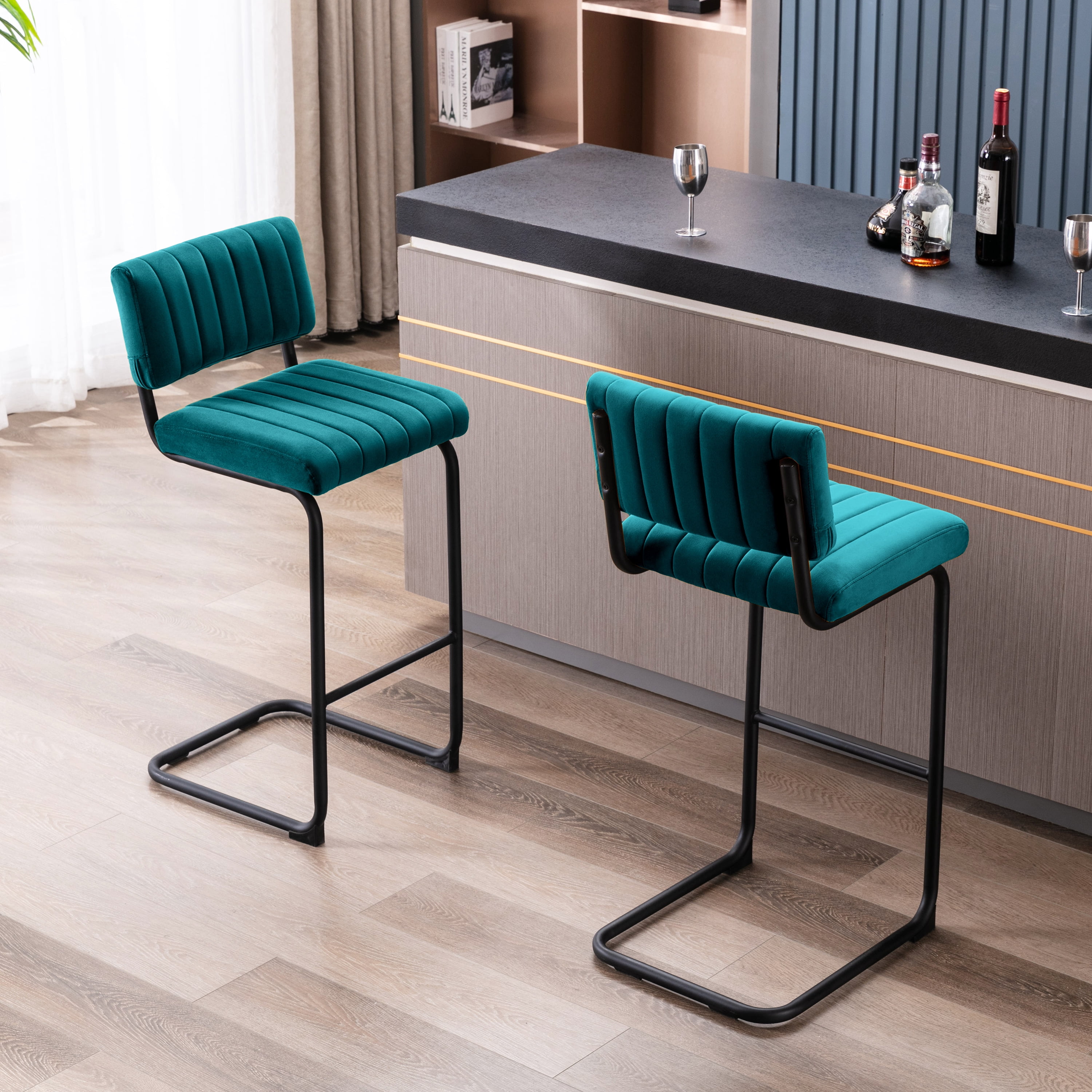 ONEVOG 30''H Bar Height Stools Set of 2, Morden Barstools with Velvet and Black Metal Legs, Upholstered Bar Stool for Kitchen Island, Teal