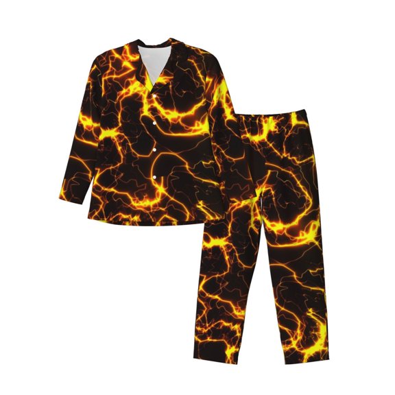 Xecao Orange Lightning Print Pajamas Set Mens Pajamas Long Sleeve Loungewear Two-Piece Sleepwear Button-Down Pjs Set,2PJS-Small
