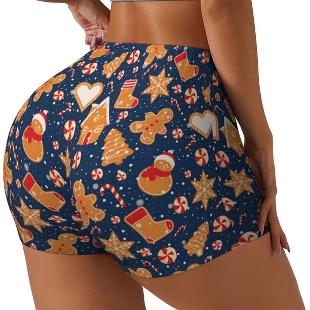 Balery Gingerbread Delights Pantalones cortos de entrenamiento estampados para mujer, sin costuras, ajustados, para gimnasio, yoga, correr, deportes, ejercicio activo, fitness.-Large