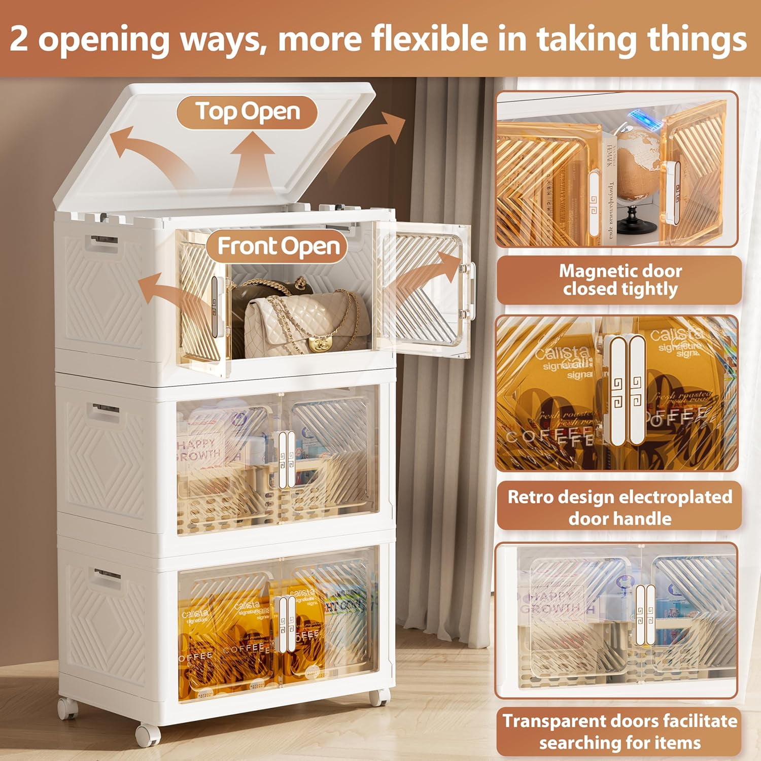 Storage Bins with Lid 3 Pack 76QT, Stackable Storage Containers with Wheels and Magnetic Doors, Plastic Clothes Closet Organizers and Storage Box for Home and Office