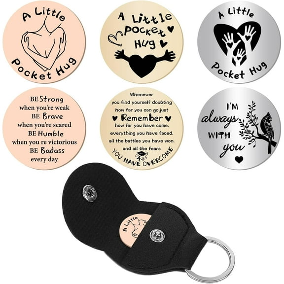 3Pcs Pocket Hug Token Leather Keychains Long Distance Relationship Keepsake Token Engraved Double Sided Pocket Token Coin Sign for Daughter Friend Encouragement Valentine's Day 1.2x1.2Inch