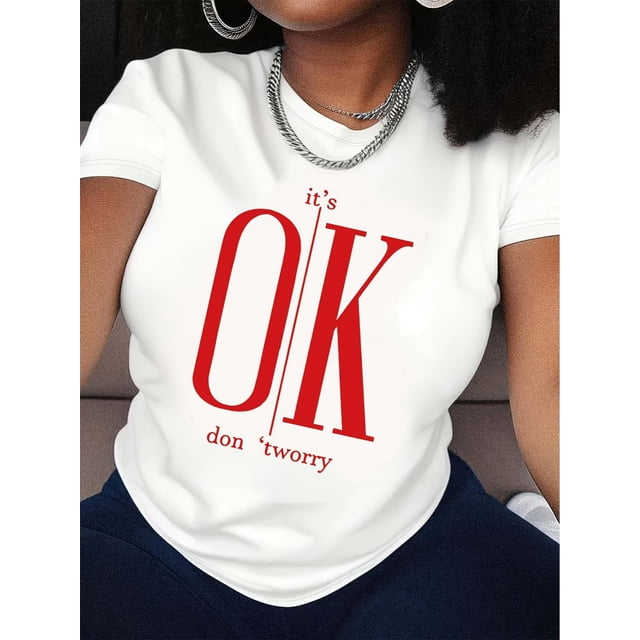 Camisetas divertidas para mujer, con estampado de animales, manga corta, cuello redondo, para verano, casual, holgadas, ligerasWomen's Casual Short Sleeve T-Shirt with "It's OK Don't Worry" Letter P