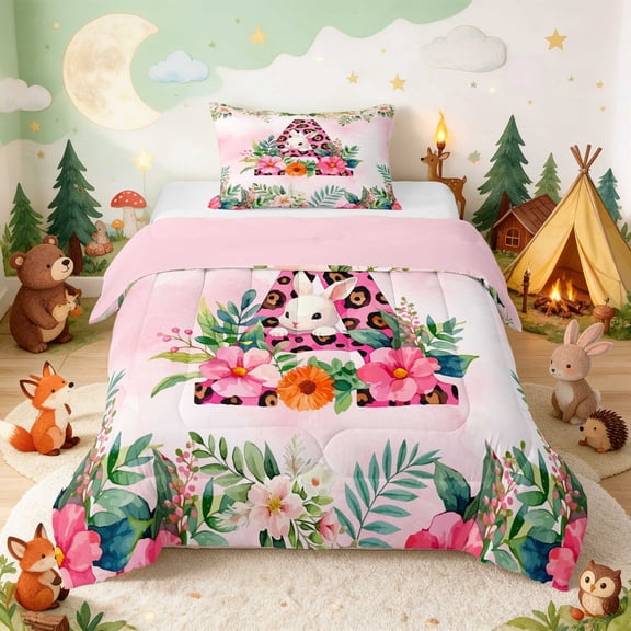 Erosebridal Bunny Twin Comforter Sets for Girls, Pink Flowers Bedding Set, Pink Reversible 2 Pieces 1 Comforter and 1 Pillowcase