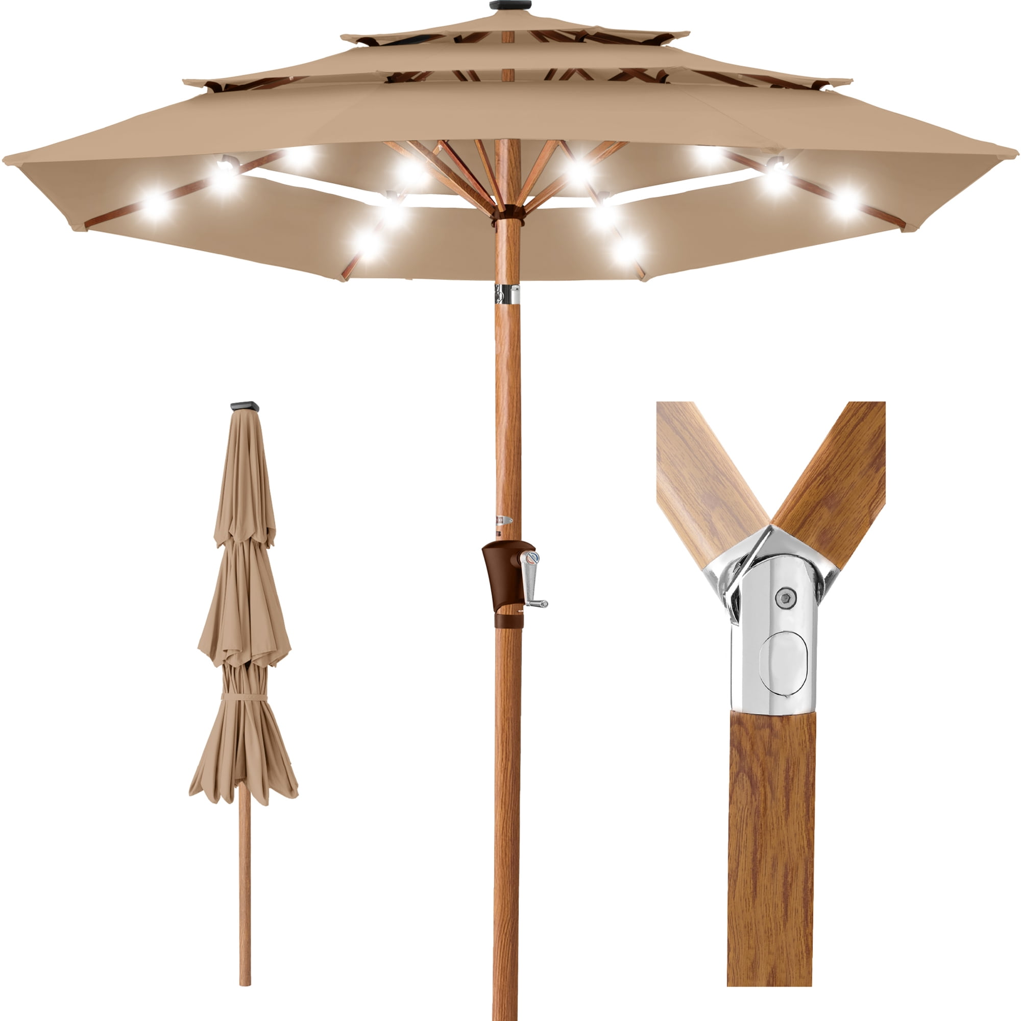 Best Choice Products Woodgrain Pattern 10ft 3-Tier Solar Patio Umbrella w/ 24 LED Lights, Tilt - Tan