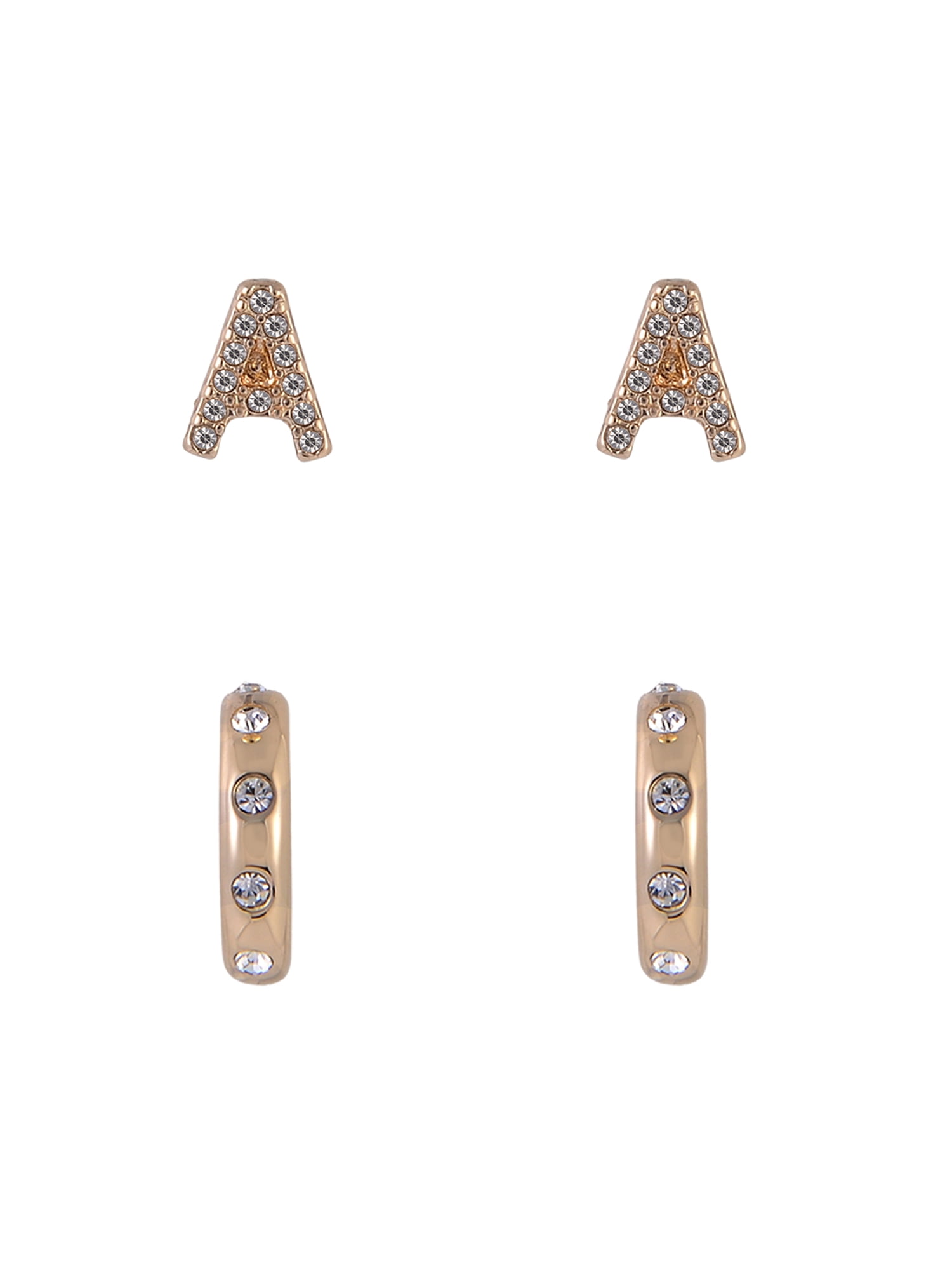 Time and Tru Goldtone 5pc Crystal Studs Hoop Initial "A"Earring Set