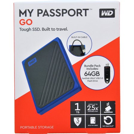 WD My Passport Go WDBMCG0010BBT-WEDP 1 TB Solid State Drive, External, Black, Blue