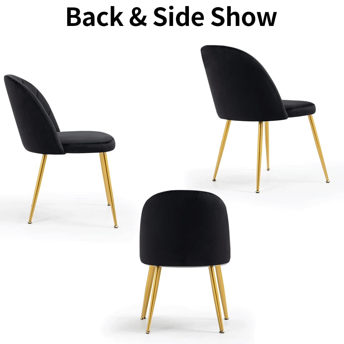 Newnno Velvet Modern Dining Chairs Set of 2, Upholstered Armless Accent Side Chair with Metal Legs for Kitchen Dining Room, Black