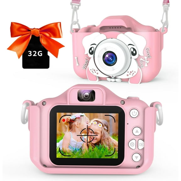 Kids Camera for Girls, 2 Lens Selfie Kids Camera, Kids Digital Camera Toys for 4 5 6 7 8 9 Year Old Girl Christmas Birthday Gifts,MP3 Player,Camera for Kids 10-12,Toddler Camera 32GB-Card Pink