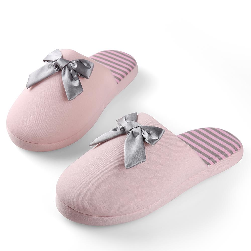 Women’s Waffle-Stripes & Bow Indoor Slippers – Plush Fleece Lined Slip-On House Shoes with Non-Slip Weather-Resistant Outsole