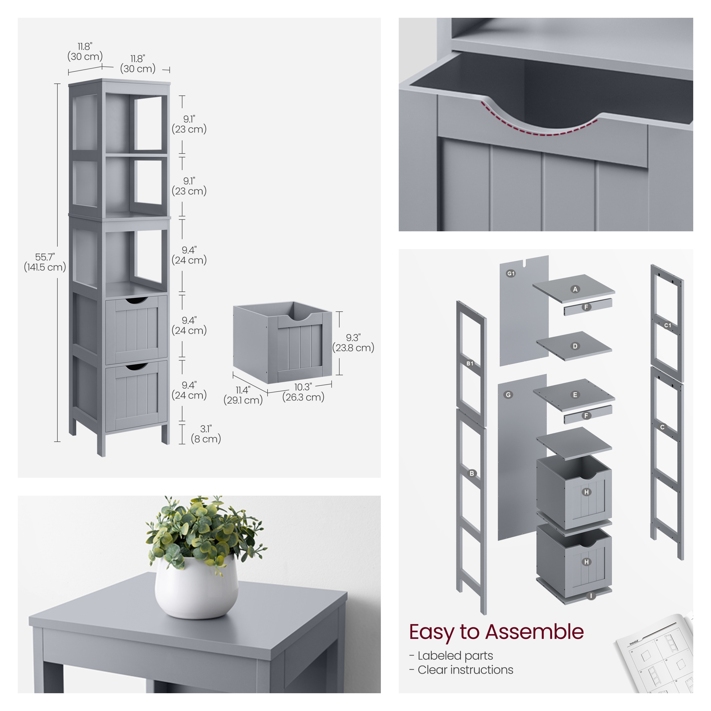 LEDREM Corner Cabinet with 2 Drawers & 3 Shelves, Freestanding Storage Organizer 55.7" Tall, Space-Saving Design, Dove Grey