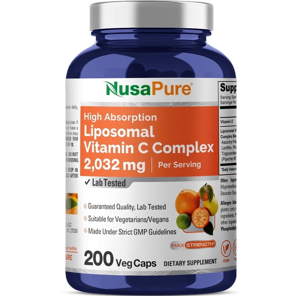 NusaPure Liposomal Vitamin C 2032mg - 200 Veggie Capsules with BioPerine, Dietary Supplement for Unisex Adult Health & Wellness