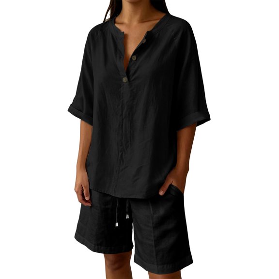 2 Piece Short Sets For Women,Summer Vacation V Neck Short Sleeve Beach Outfits Button Down Shirts For Women And Shorts Black L