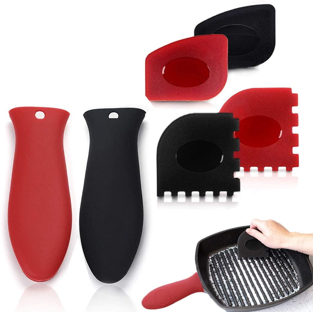 EIMELI 6pcs Durable Grill Pan Scraper Plastic Set Tool and Silicone Hot Handle Holder for Cast Iron Skillets, Frying Pans and Griddles