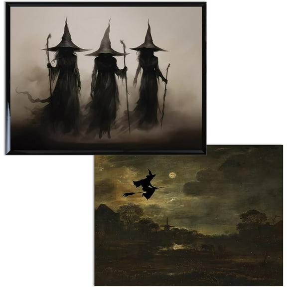 2PCS Vintage Dark Forest Witch Posters Halloween Canvas Wall Art, Dark Academia Painting Prints Goth Spooky Painting Rustic Wall Decor For Living Room Bedroom 12 x16inch Unframed