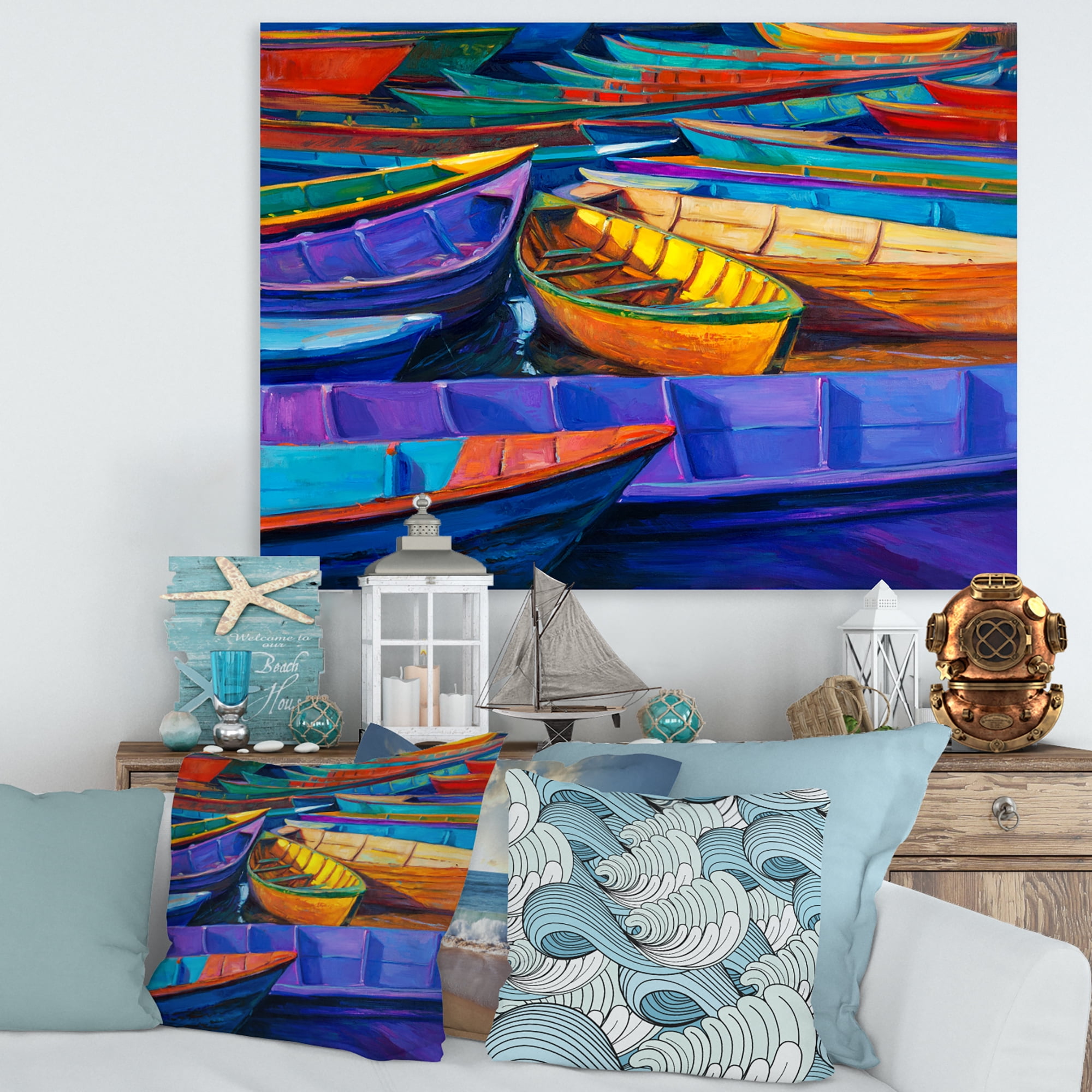 Designart ' Boats During Warm Sunset Resting On The Water II ' Nautical & Coastal Canvas Wall Art Print