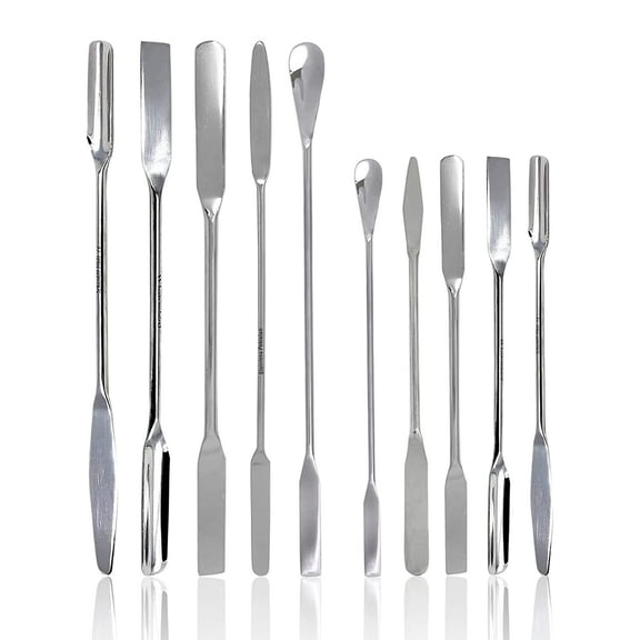 Scientific Labwares 10 PCS Micro Lab Spatula Sampler Set Stainless Steel Double Ended Multi Purpose Square, Scoop, Round & Tapered Arrow End, 7" 9" Length