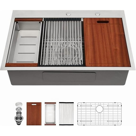 Dcolora 33 Inch 16 Gauge Stainless Steel Drop-In Kitchen Sink, Topmount Single Bowl Workstation with Round Corners, Colander, Wood Cutting Board, Rolling Drying Rack, Basket Strainer