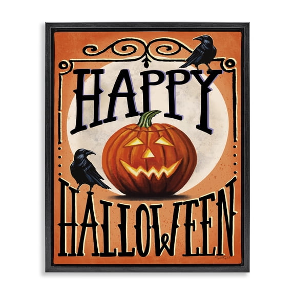 Stupell Industries Happy Halloween with Crows Quotes and Sayings Painting Black Floater Framed Canvas Art Print Wall Art, 17 x 21