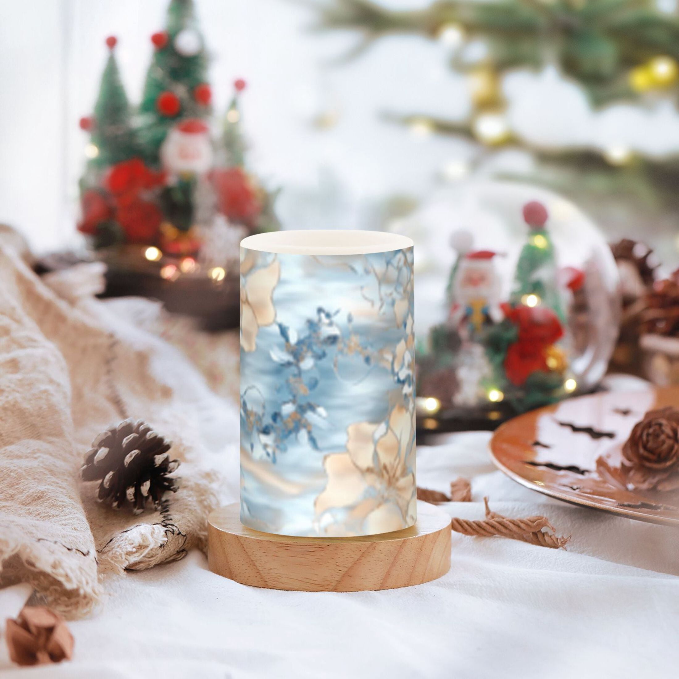 Blue and Beige Flower Flickering Flameless Candles Battery Operated with Remote Timer LED Pillar Candles Set of 2