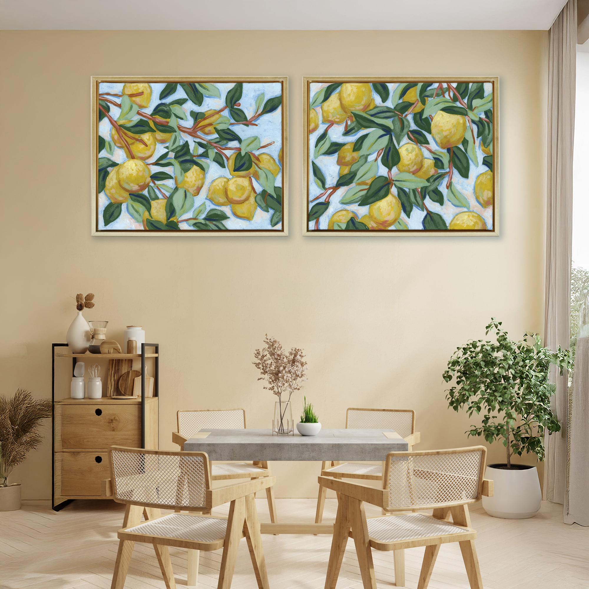 Stupell Industries Sunshine Lemon Tree 2 Piece Gold Framed Floater Canvas Set, design by June Erica Vess