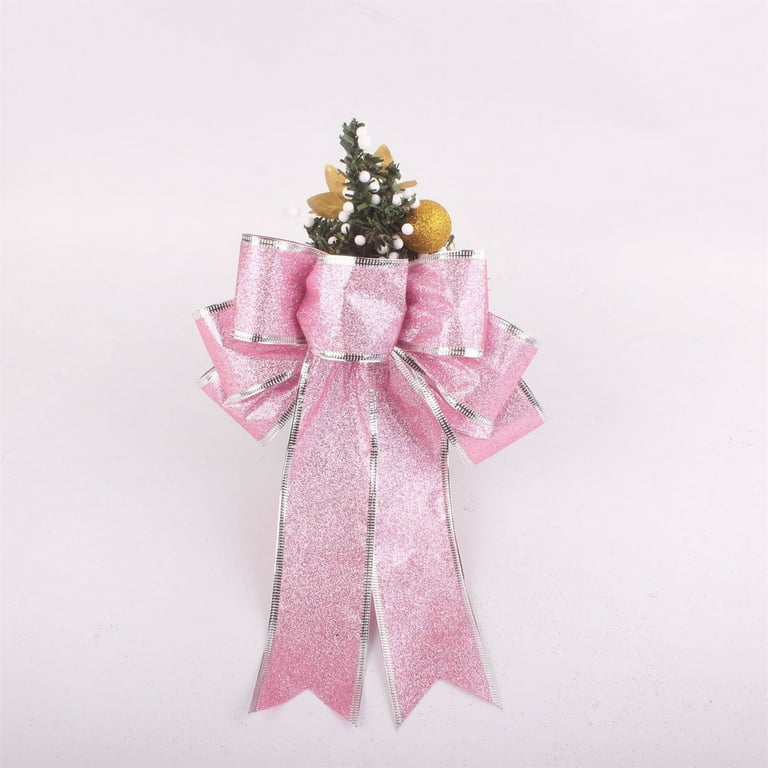Christmas Tree Topper Bow With Glitter Mesh & Flower Design – 50x12 Inch Handmade Holiday Decor (Pink)