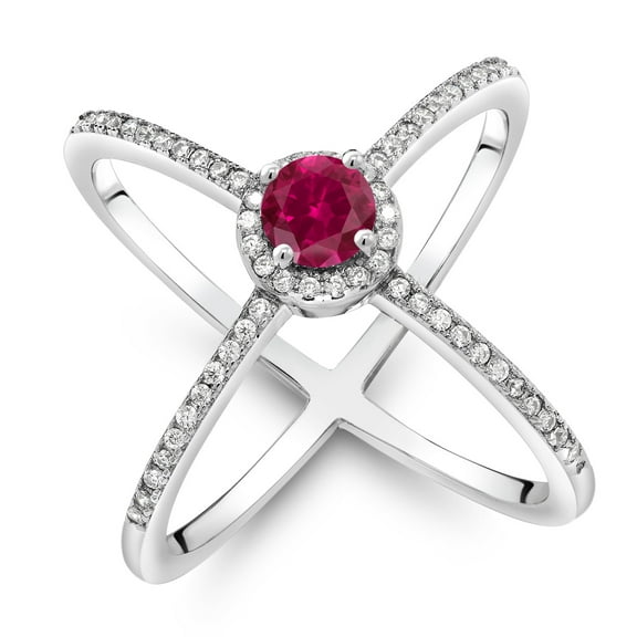 Gem Stone King 1.82 Cttw Round 5MM Red Created Ruby Criss Cross X Ring in 925 Sterling Silver for Women (Size 6)