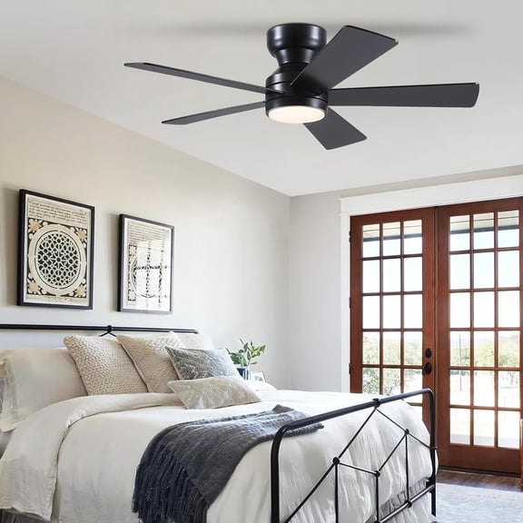Black Ceiling Fans with Lights -  Flush Mount Fan Remote 5 Reversible Blades 3CCT Dimmable 6 Wind Speeds Timer Indoor Low  Fixture Modern Bedroom