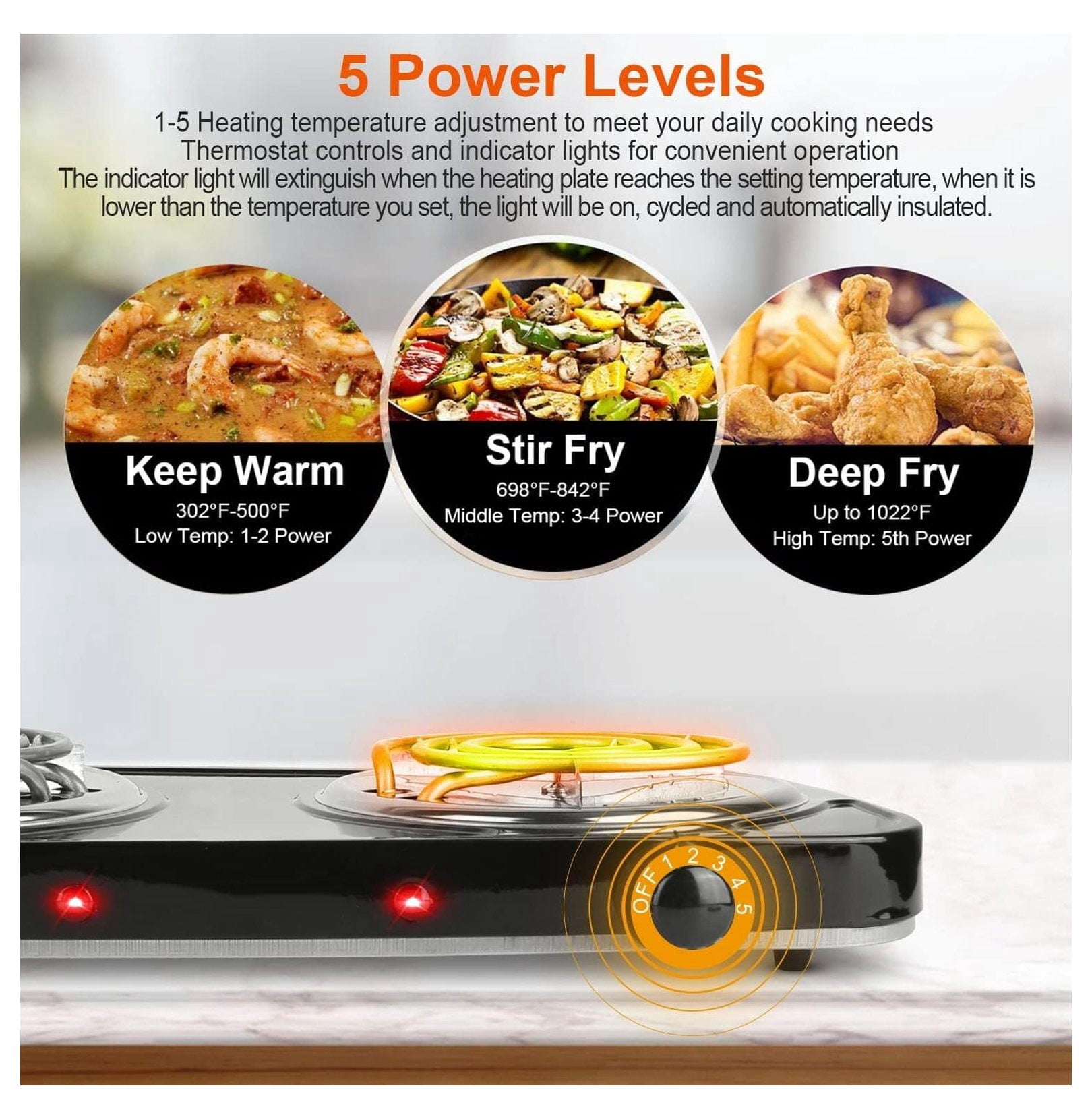 Hot Plate Electric Stove, 2000W Portable Dual Burner Cooktop - 5 Temp Control, Cast Iron, for Home, RV, Camping & All Cookware