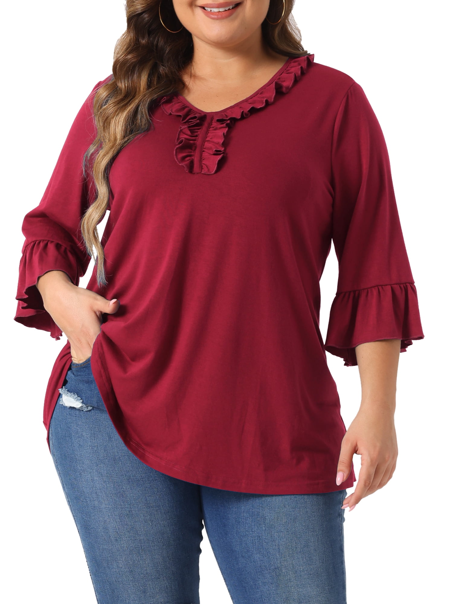 DARING DIVA Women's Plus Ruffle V Neck Tunic Dressy Top 2X Burgundy