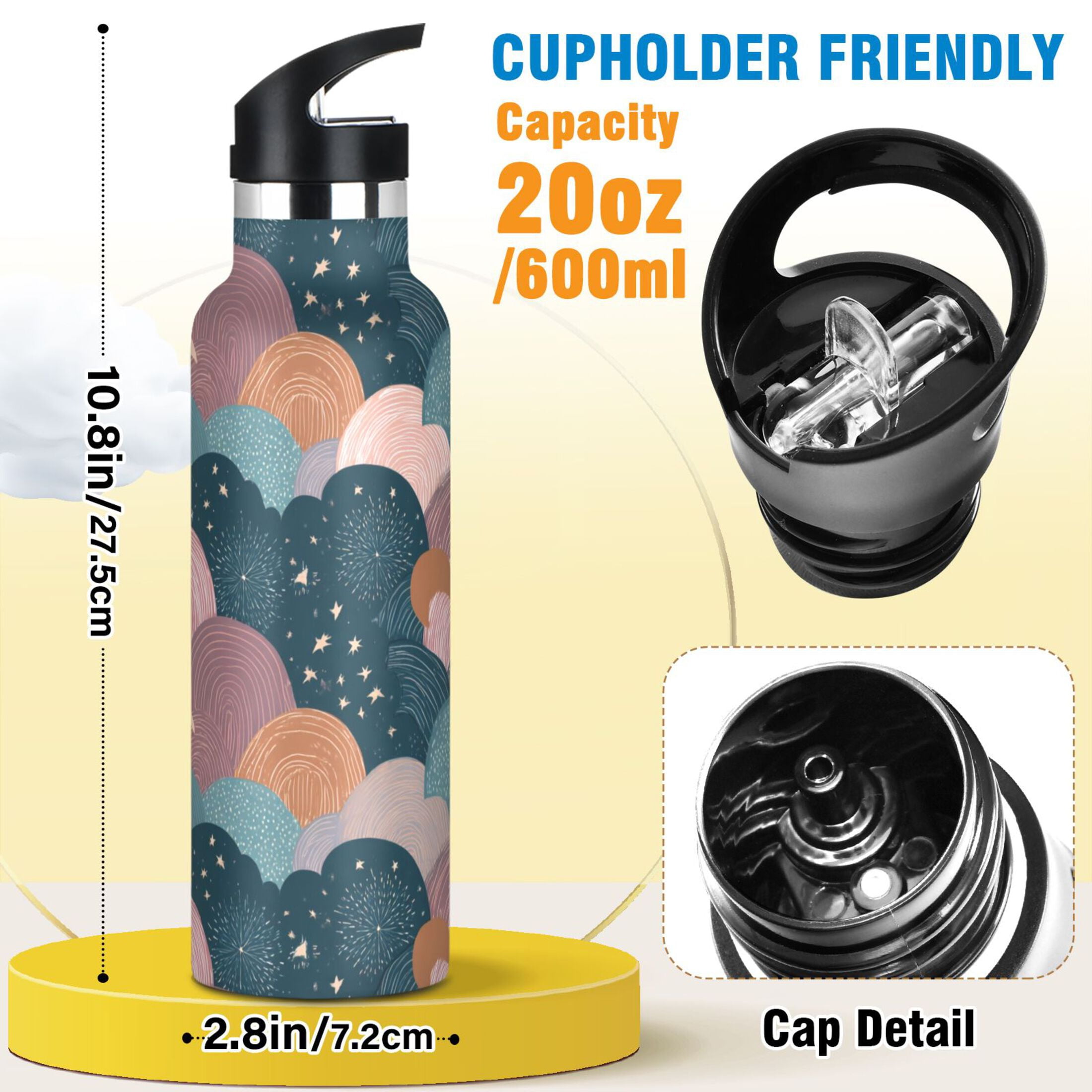 600ML Stainless Steel Insulated Cup Sports Water Bottle Portable Thermos Cup Water Glasses Insulated Tumblers Convenient and Durable Cartoon Beautiful Cloud