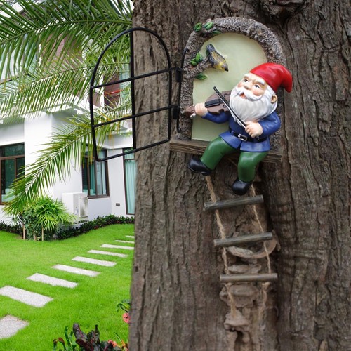 Colourtree Elf Out The Door Tree Hugger with Ladder, Funny Musical Gnome Garden Sculpture, Whimsical Fairy Tree Face/Stump Decor, Resin Outdoor Statue, Luminous Elf Peeker Yard Art
