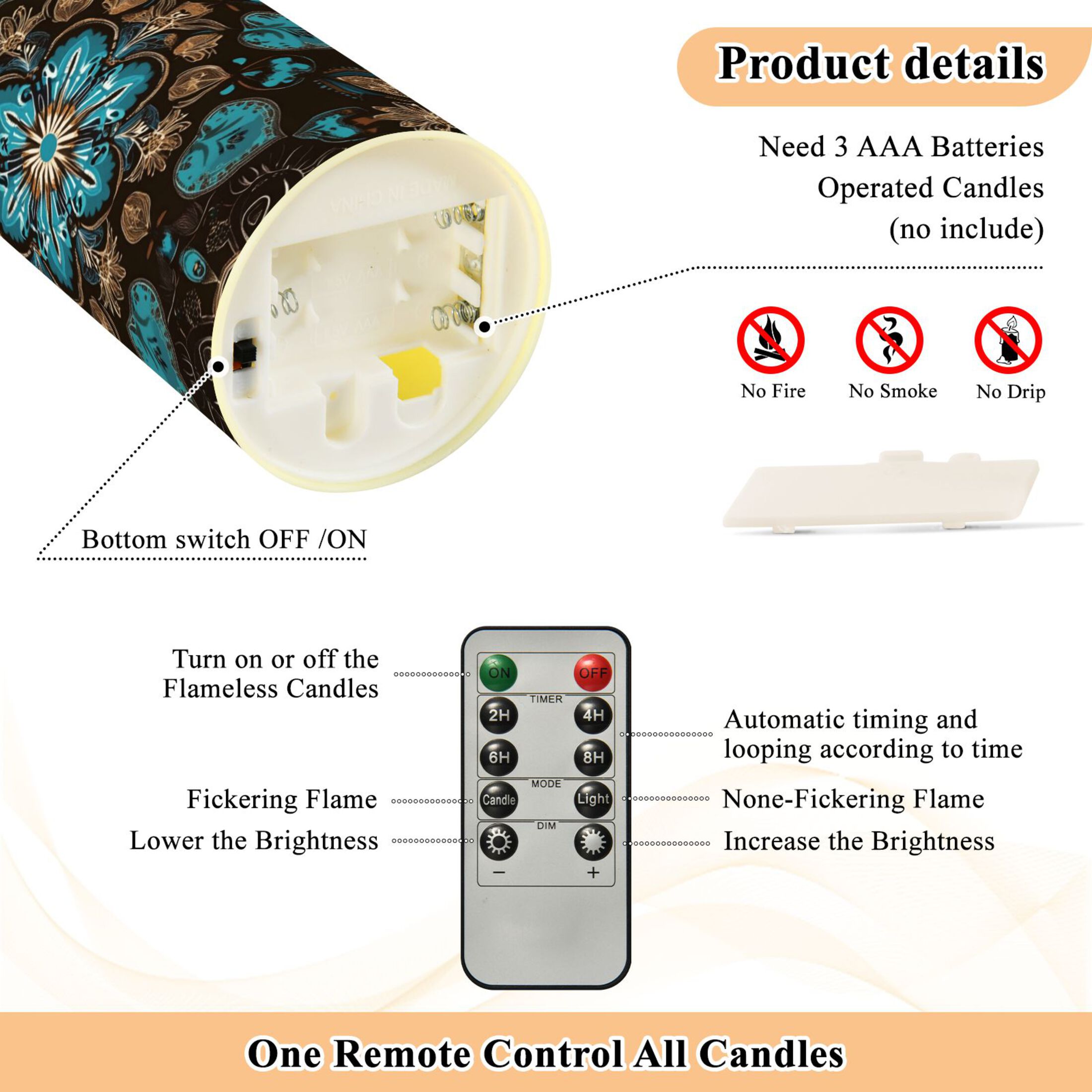 Wobogo Turquoise Mandalas Flameless Candles with Remote Battery Operated Flickering LED Candles with Timer 2/4/6/8H Medium Size