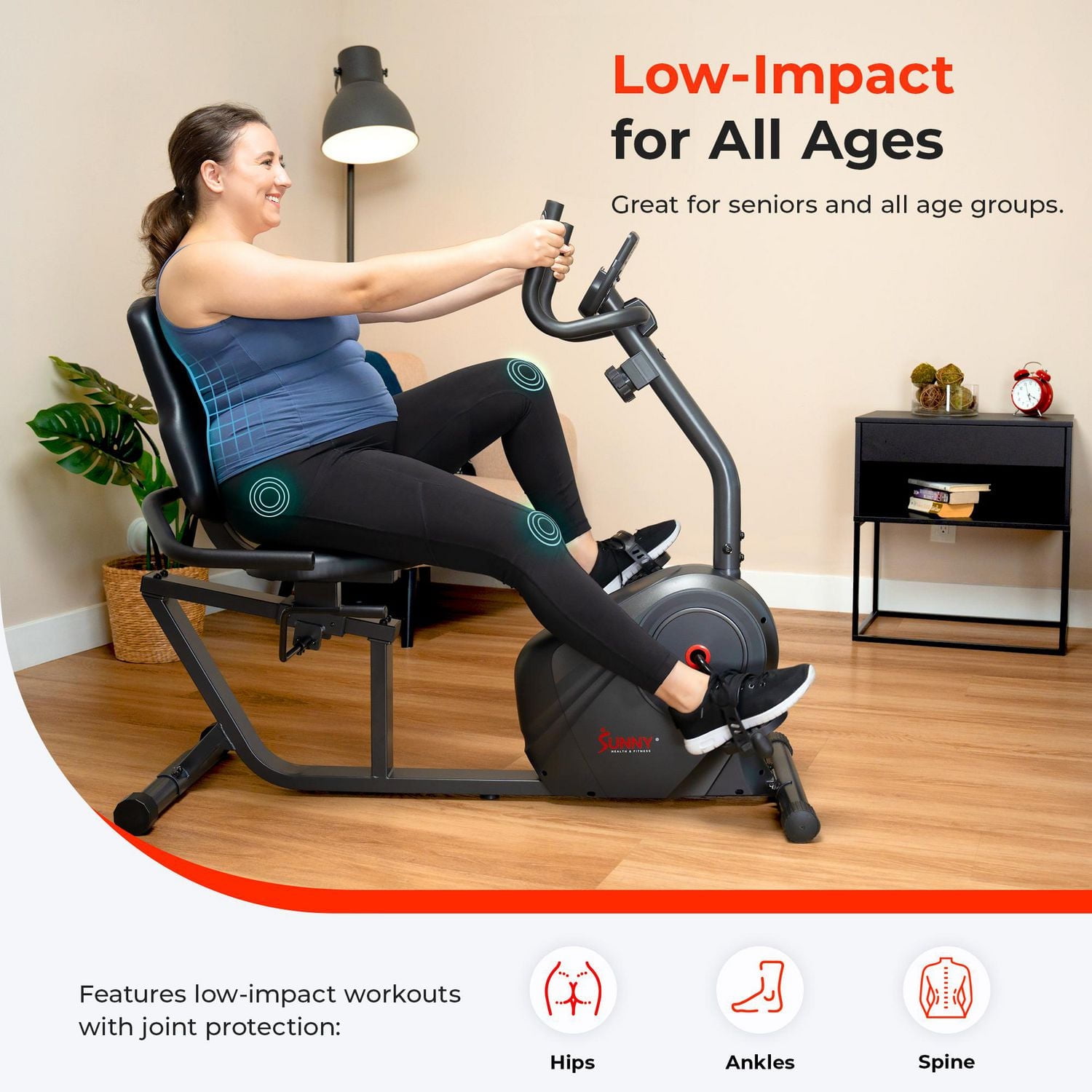 Sunny Health & Fitness Heavy-Duty Recumbent Smart Bike, Wide Cushioned Seat & Back, Cycling Workout Machine, Bicycle Exercise for Adult/Seniors at home, Exclusive Free SunnyFit App Bluetooth Link