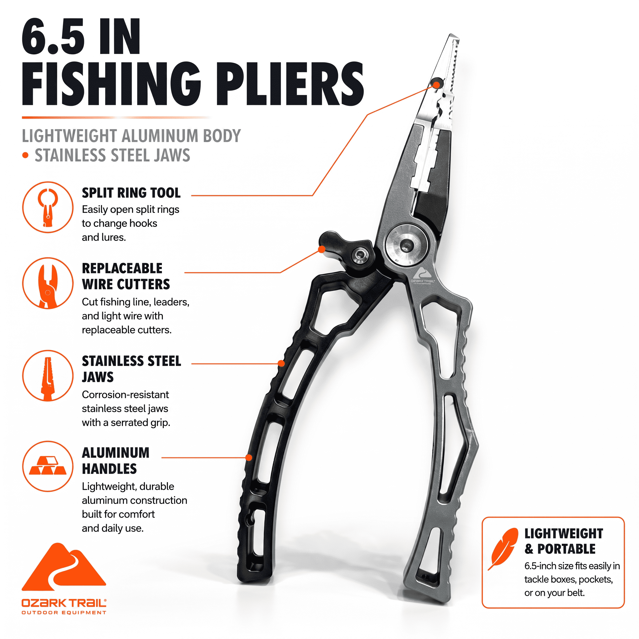 Ozark Trail 6.5 in Fishing Pliers with Split Ring Tool, Wire Cutters and Stainless Steel Jaws