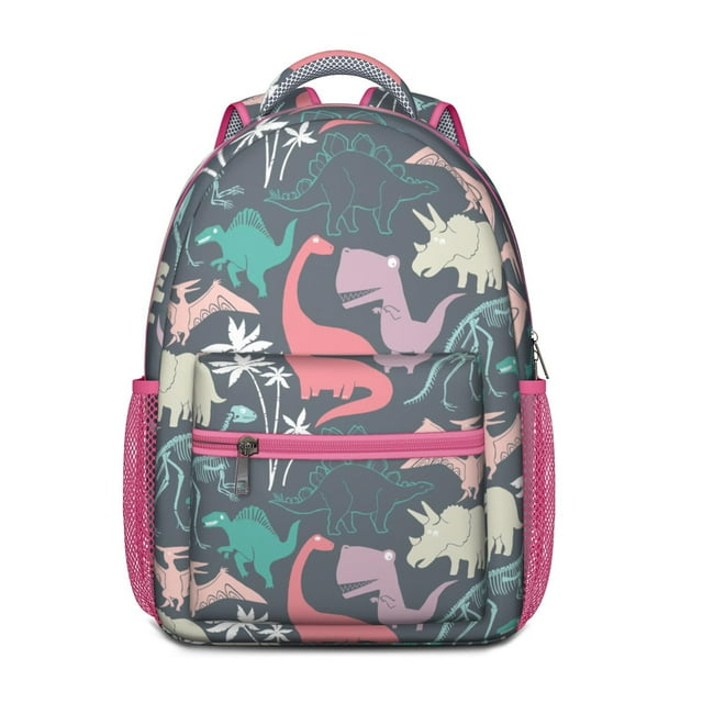 Cute Baby Dinosaur Pattern Backpack – Artistic Cartoon Dino Print Schoolbag with Planets, Forest, and Star Design