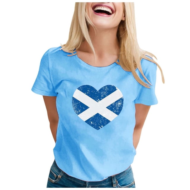 TSADFHJI T-Shirts pour Femmes Imprimé Graphique Drapeau Écossais T-Shirt Manches Courtes Col Rond Haut Décontracté Mode Patriotique L Bleu Ciel